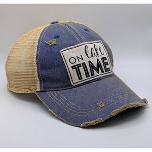On Lake Time Trucker Hat Snapback Mesh Cap Blue Beige Vacation Outdoors Nature